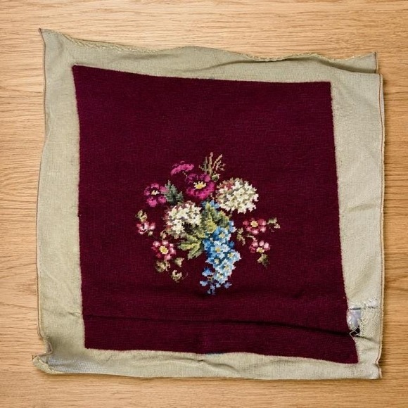 Handmade Other - Vintage Floral Needlepoint Embroidery Panel Burgundy Canvas 21x21